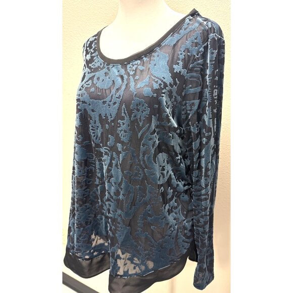 Simply Vera Wang Burnt Out Velvet Chiffon Tunic Blouse Blue Black Trim Pm Gothic - Picture 2 of 15
